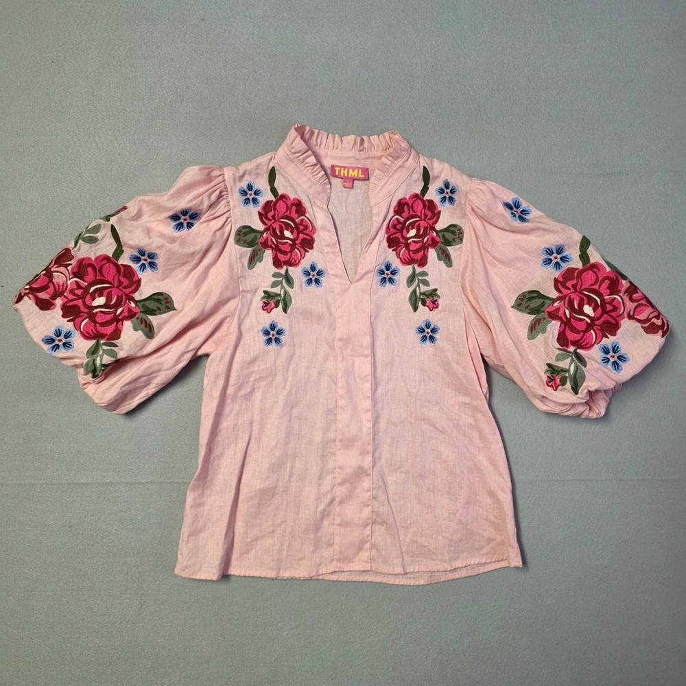 THML linen Women Small Pink Floral Embroidered Puff Sleeve Blouse Top